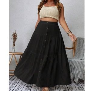 Plus Solid Button Detail Stretchy Waist Maxi Skirt